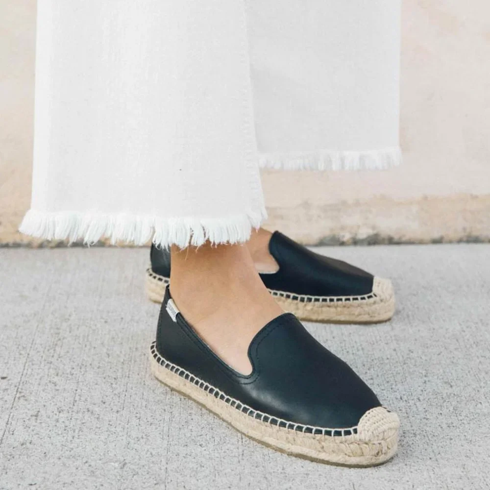 NWOT Soludos Black Leather Espadrille Smoking Slipper 11M